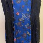 Avon Womens Midi Dress M Navy Blue Butterflies Floral Print Black Lace Sides Size M Photo 2