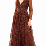 Mac Duggal  Embellished Illusion Long Sleeve V-Neck Gown Chocolate 12 Photo 0