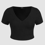 Cider  Black Ribbed Knit V-Neck Short Sleeve Top 4X Photo 1