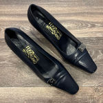 Salvatore Ferragamo  Vintage Italian Leather Pumps Size 8.5 Navy Blue Silver Logo Photo 0
