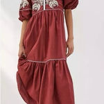 Anthropologie  Crimson Midi Dress with Cream Embroidery Photo 0