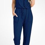 Summer Casual Deep V Neck Short Sleeve Wrap Drawstring Waist Jumpsuit Blue Size M Photo 0