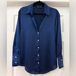 ZARA  Satin Effect V Neck Button Down Shirt Navy Blue sz Small Photo 8