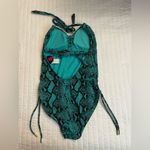 No Boundaries  Teal Green Snakeskin Ruched One Piece Swimsuit Photo 1