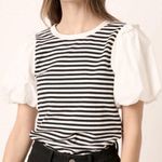 Mittoshop NEW Black & White Striped 100% Cotton Balloon Bubble Sleeve Top Size L Photo 1