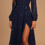 Lulus  Evening of Elegance Navy Blue Floral Jacquard Wrap Midi Dress Photo 0