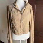 TWINSET by Simona Barbieri | Tan Linen and Vegan Leather Moto Light Jacket Large Photo 3