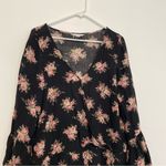 American Eagle  AEO AE Wrap Romper Black Pink Floral Rose Long Sleeve Bell Sleeve Photo 4