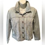 Chico's Chico’s Denim Stretch Jean Jacket Sz 1/M Embroidered Rhinestone Bling Button Up Photo 0