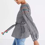 Madewell Smocked Black & White Checkered Gingham Tassel Top with Embroidery S Photo 7