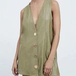 ZARA  Mini PINAFORE FAUX LEATHER A-LINE V-Neck DRESS W/ BUTTONS Green SIZE S NEW Photo 7