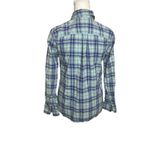 Talbots  Shirt Womens Button Up Long Sleeves Cotton Blue Aqua Plaid Ruffled XS Photo 4