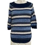 Westport Blue & Navy Striped Knit Sweater with Button Shoulder Detail – 3/4 Sleeve Photo 0