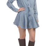 Mon Renn Lain Light Blue Denim Size M Long Sleeve Flair Mini Shirt Dress Photo 0