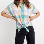 Madewell Short Sleeve Tie Front Oversized Gingham Plaid Shirt Photo 1