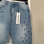 Neon Blonde Denim Skirt Star Details Distressed Hem NWT Blue Size 6 Photo 2