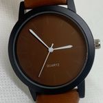 Women quartz watch black tone case 35mm brown dial leather band running Photo 2