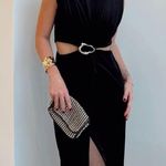 ZARA  NWOT velvet velour cutout sides black maxi dress with gold brooch detail Photo 11