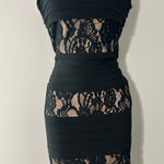 Adrianna Papell  Black Lace Panel Sheath Dress Knee Length Cap Sleeve Square Neck Photo 0