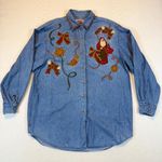 Vintage Womens Size Medium Denim Shirt Santa Claus Christmas Holiday Blue Photo 0