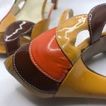 Miu Miu ORANGE, BEIGE & BROWN PATENT LEATHER PEEP TOE MARY JANE HEELS (37.5) Photo 13