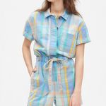 Gap Sz 14 Short Sleeve Plaid Romper Drawstring Waist Pockets Button Down Photo 0