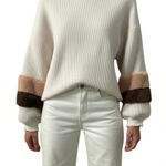 Sweet Generis Sweater Womens Size S/M Cream Ribbed Mock Neck Faux Fur Trim Cozy Brown Photo 0