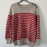 Obey Wool Alpaca Brown Red Stripe Knit Crewneck Sweater Denim Elbow Patch M Photo 0