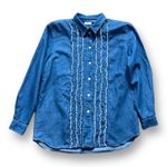 Vintage 90s Top Chambray Denim Ruffle Front Western Button Down Shirt Large Blue Photo 6