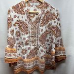 Fever Paisley Print Blouse Top Womens Medium 3/4 Sleeve Tie Neck Boho Chic White Photo 0