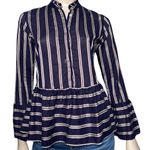 Le Sarte Pettegole Women’s Size 40 S Navy Blue Striped Peplum Button Down Shirt Photo 1