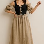 Cottagecore Renaissance Corset Midi Dress Puff Sleeve Linen Prairie Style Sz L Tan Photo 0