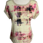 High Low Stretch Knit Pullover Top M Cream Pink Cuffed Sleeve Round Neck Size M Photo 0