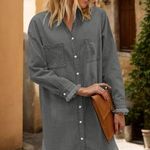 NEW Denim Shirt Long Sleeve Distressed Dress Button Down M Pink Size M Photo 5