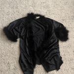 Victoria's Secret Vintage  Satin Feather Lingerie Set Sz L Black Robe & Bodysuit Photo 4