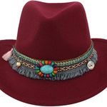 Maroon, Red Western Cowboy, Cowgirl Hat, Bead Tassle Strap, Men Women Wide Brim‎ Photo 3