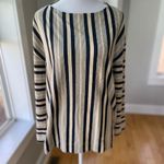 L.L. Bean Signature Navy Blue Tan Striped Flare Sleeve Boat Neck Top Size Small White Photo 5