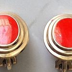 Vintage Dainty Tiny Red Gold Oval Clip On Earrings Costume Jewelry Photo 2