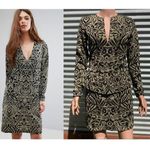 Ganni  Schiffer Glitter Print Long Sleeve Peplum Dress Gold Size S NWT Photo 0