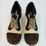 60s/70s Joseph Larose Mod Patchwork Oxfords, Suede/Tweed, Wooden Platform Heels Brown Size 5.5 Photo 3