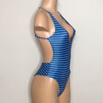 Rip Curl blue stripe plunge neck cheeky swimsuit. New Photo 8