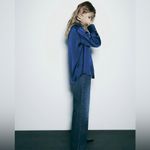 ZARA  Satin Effect V Neck Button Down Shirt Navy Blue sz Small Photo 7