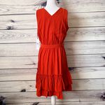 Calvin Klein Rust Orange-Red V Neck Sleeveless Ruffle Flare Dress Photo 6