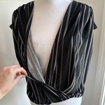 Leith  Black White Stripe Cap Sleeve Wrap Style Blouse Top Large Photo 3