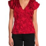 Sam Edelman  Maila Ruffle-Trim Red Peplum Top Size L Women's V‎ neck Viscose NEW Photo 2