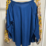 Beyove Blue and Yellow Mixed Pattern V neck longsleeve blouse size large Photo 0