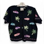 Vintage MICHAEL SIMON embroidered SHORT SLEEVE BLACK KNIT CARDIGAN Size L Photo 0