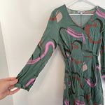 Nine West Knot Back Long Sleeve Dress Green Geometric Swirl Tie Bow Short Mini L Photo 5