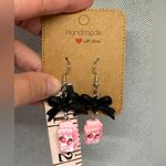 Handmade Black Bow and Strawberry Milk Earrings Pink Photo 1