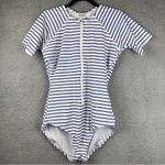 Kona Sol ‎ Women's Swim White Blue Large Rash Guard One Piece Stretch Swimsuit Photo 0